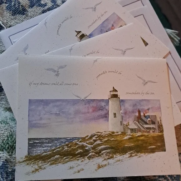 Blank notecards greeting 3 pack lighthouse coast sea gulls flags nature ocean - Picture 1 of 4
